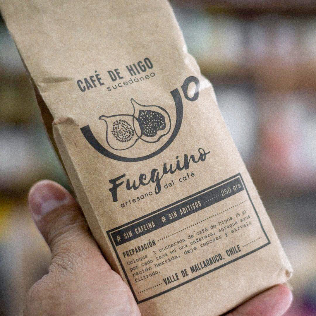 Paquete de 250 gramos de cafe de higos fueguino producido por doblevalle. 100% higos black mission deshidratados al sol, tostados y molidos.