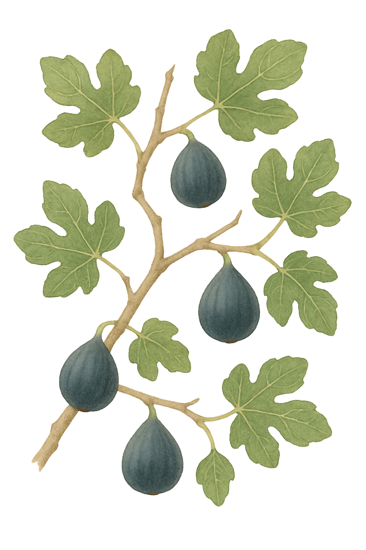 Dibujo estilo científico de una rama de higuera black mission con higos maduros y hojas